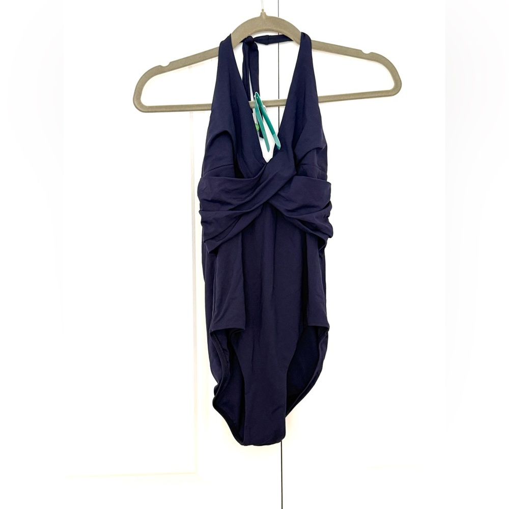 NWT Melissa Odabash Cross Front Navy Blue 1-Piece Swimsuit with Neck Tie Sz10